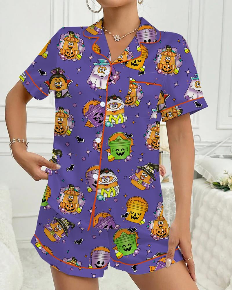 Conjunto de pijama casual para mujer con camiseta de manga corta y shorts estampados de Halloween