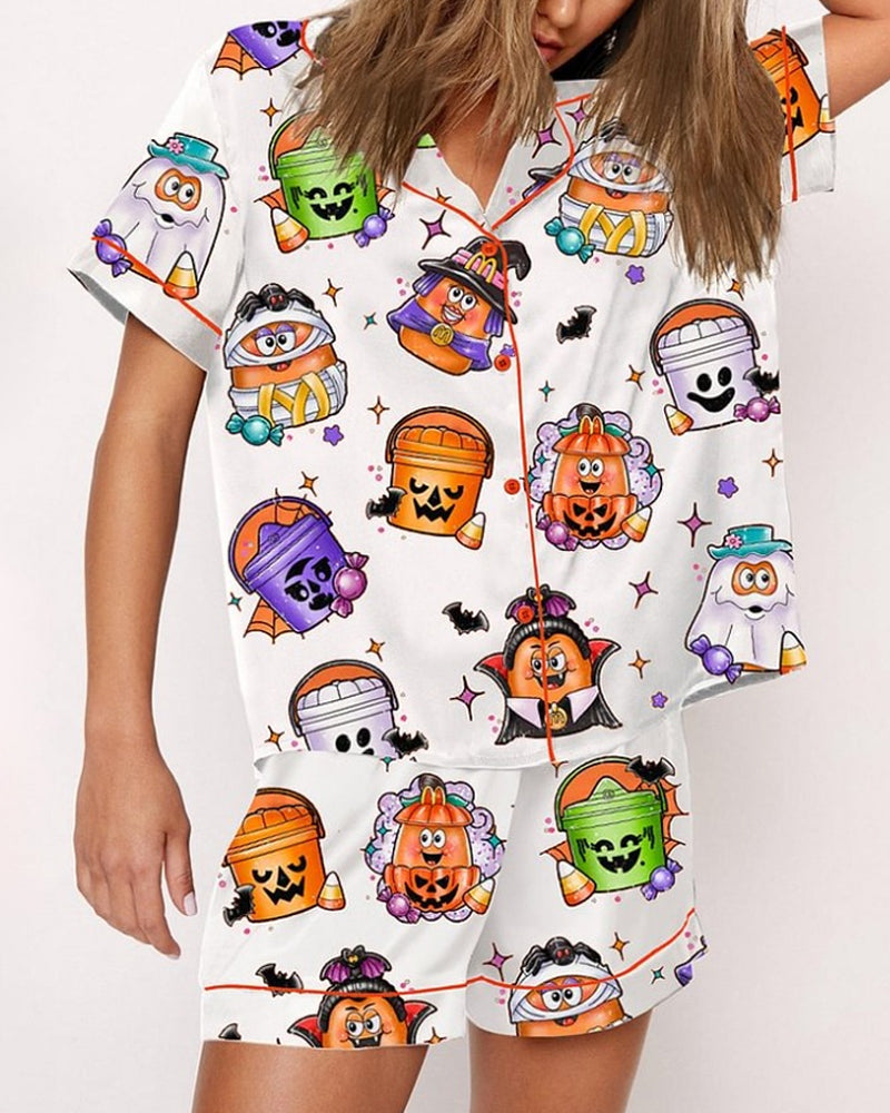 Conjunto de pijama casual para mujer con camiseta de manga corta y shorts estampados de Halloween