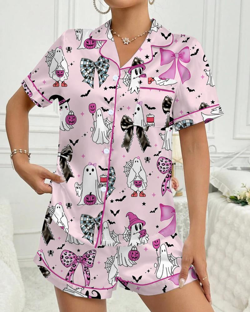 Conjunto de pijama casual para mujer con camiseta de manga corta y shorts estampados de Halloween