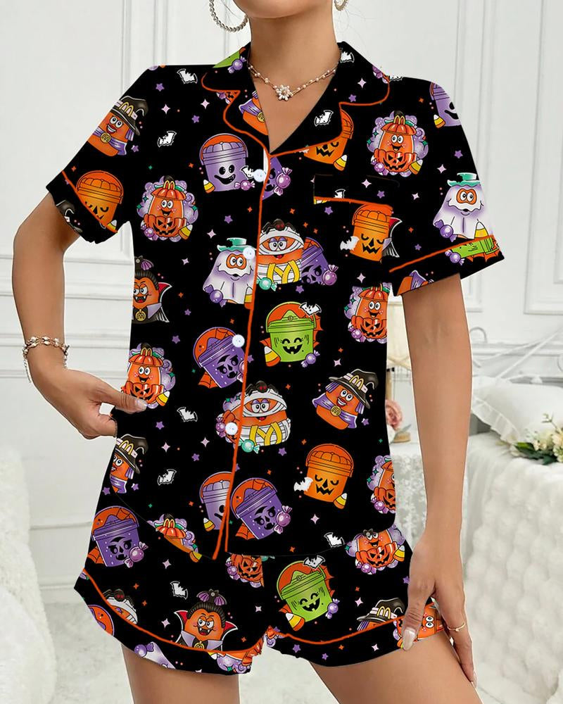 Conjunto de pijama casual para mujer con camiseta de manga corta y shorts estampados de Halloween