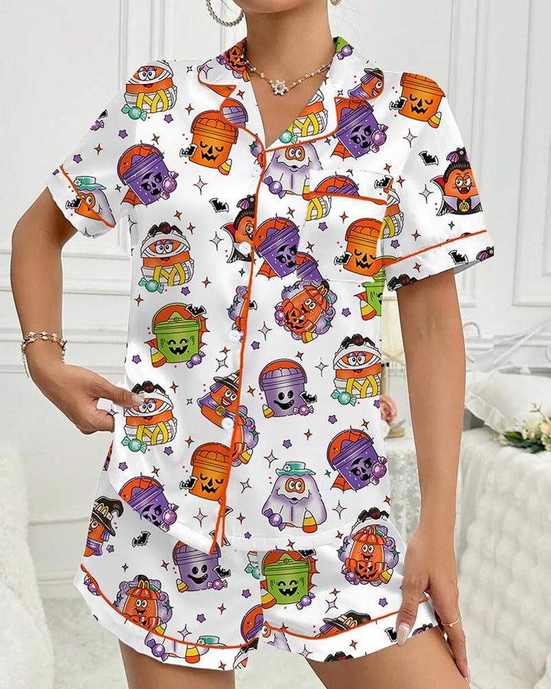 Conjunto de pijama casual para mujer con camiseta de manga corta y shorts estampados de Halloween