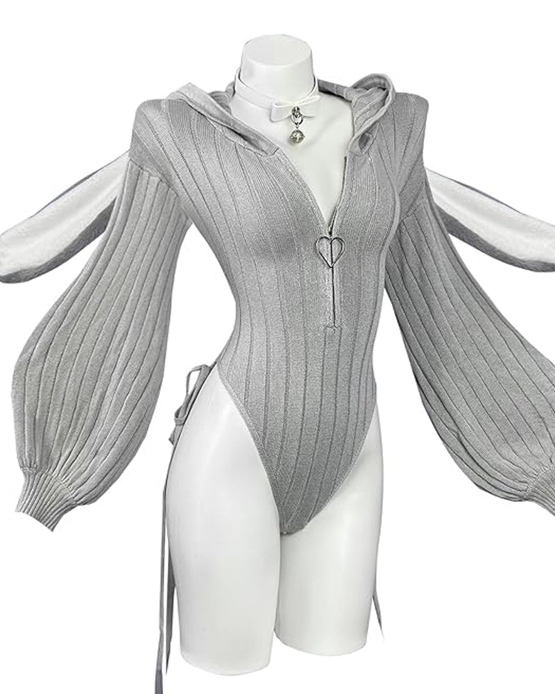 Body Sexy de Conejita con Orejas Tejidas y Cierre Frontal
